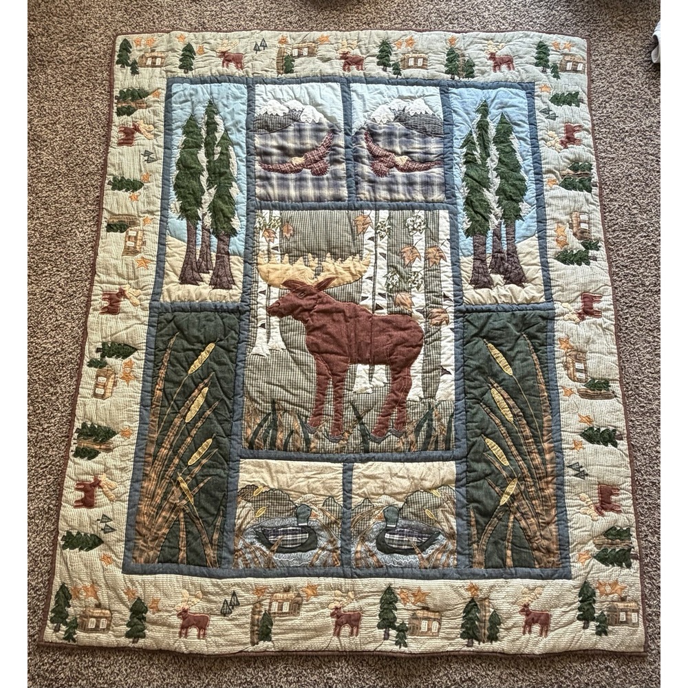 Vintage Patch Magic Deer Cabin Ducks Stars Eagle Tree Quilt 53x62.5 Americana
